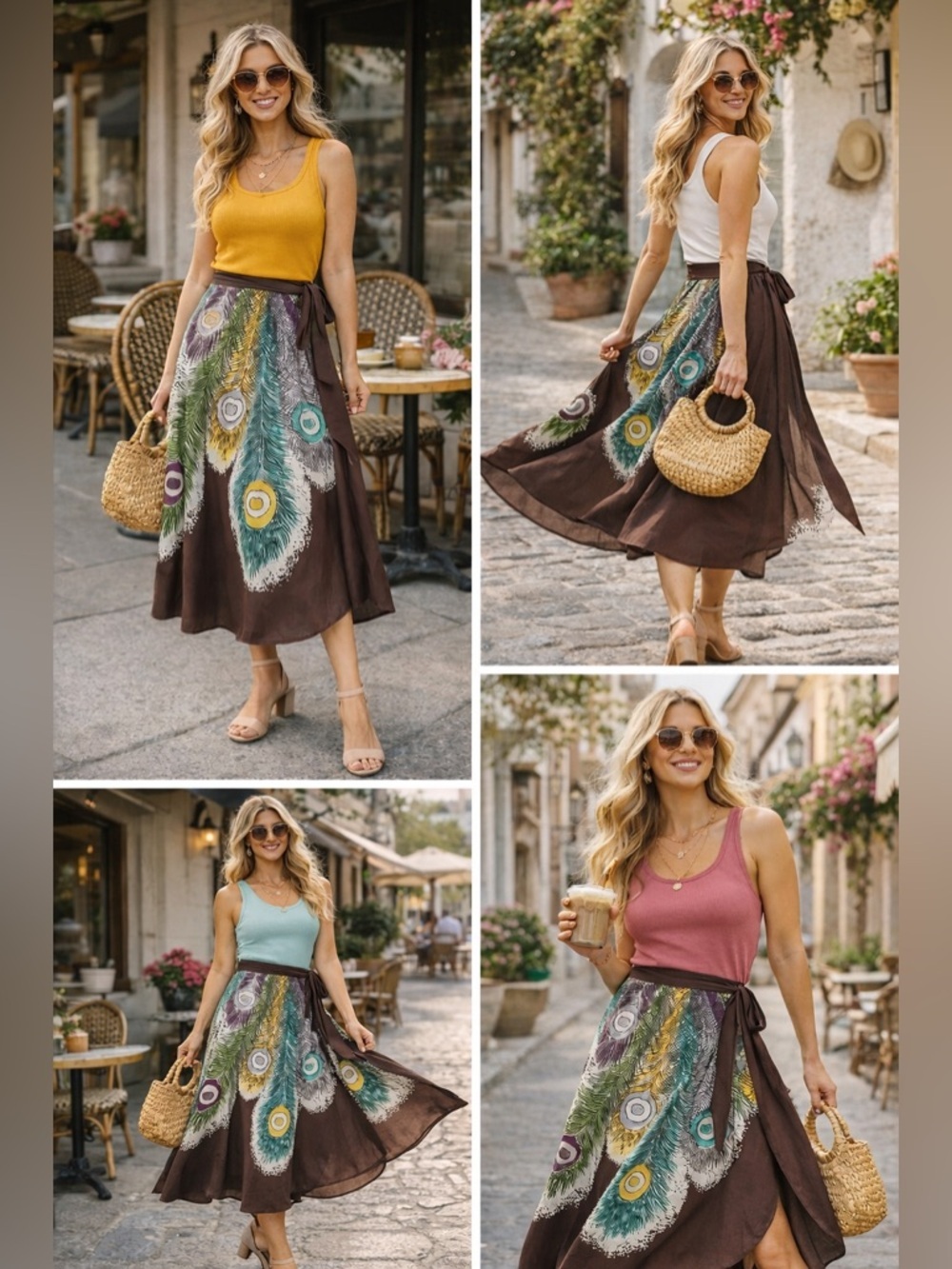 BCBGMaxAzria Brown Midi Skirt with Multicolor Peacock Feather Motif